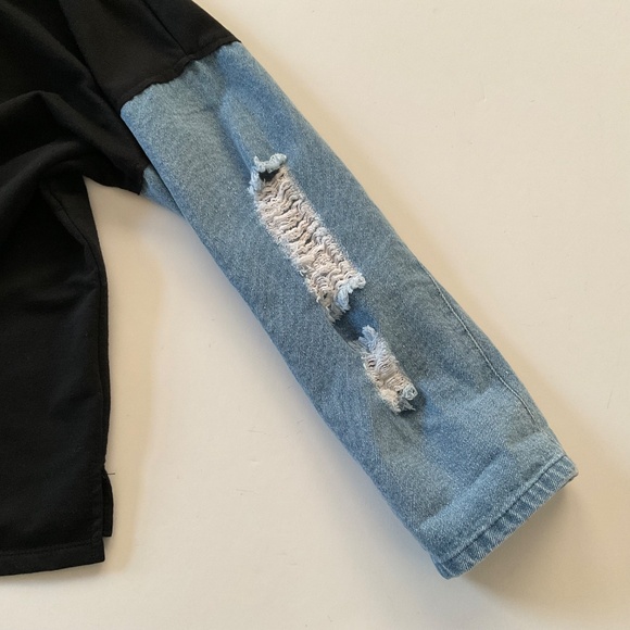 Reserved Women’s Sweatshirt Sz M Black Denim Distressed Sleeves Grunge Edgy Top - Picture 10 of 12